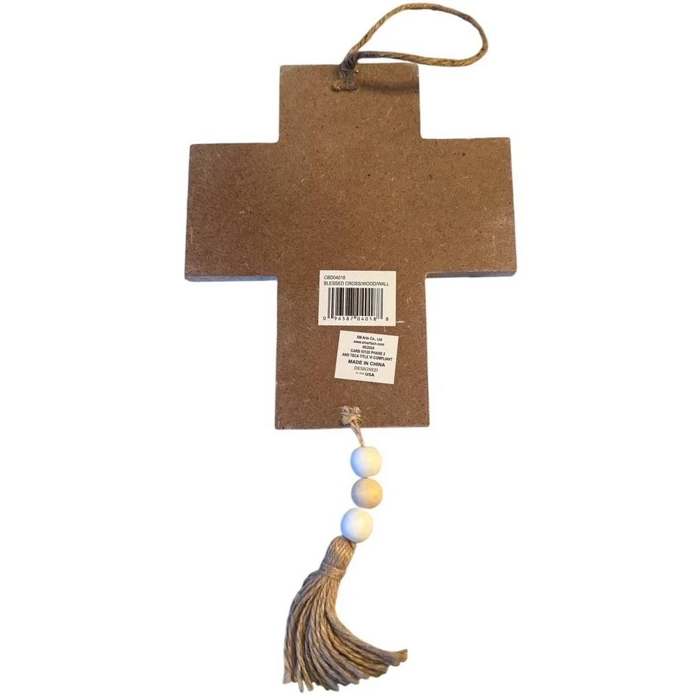 Blessed Cross Wood Art Wall Hanging Beads Tassel White Tan